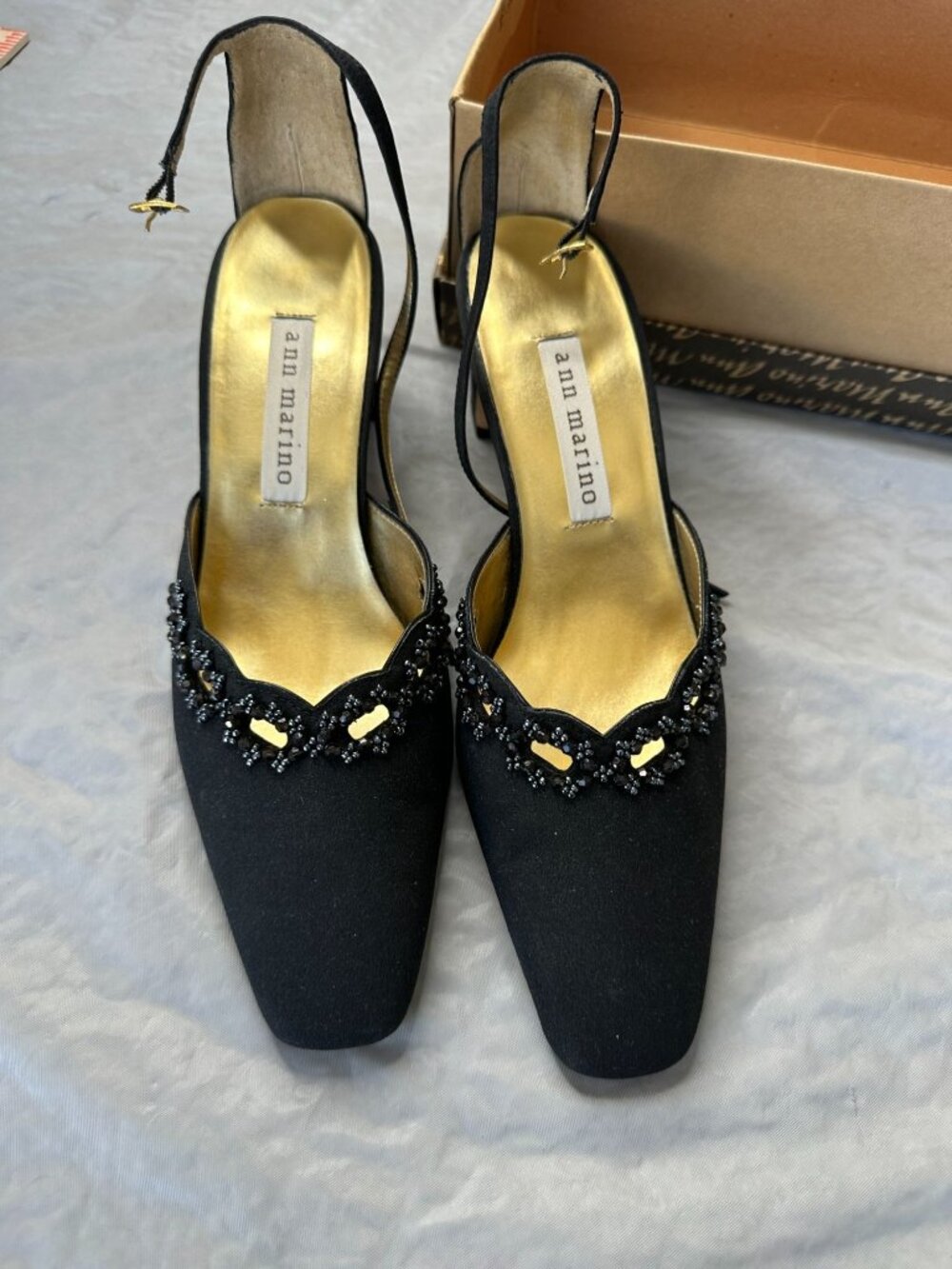 Ann Marino Womens Town Jewels Black Heels Beaded Slingback 7.5 Buckle Pumps
